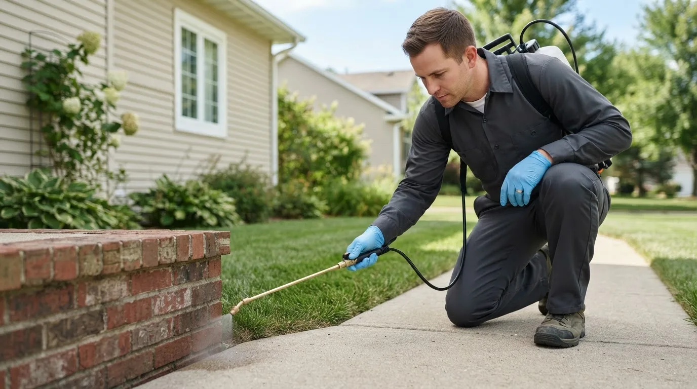 Pest control technician treating a home near Merrimack, NH